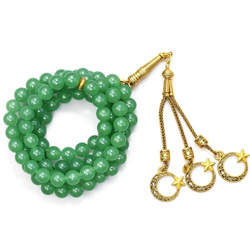 Amazing Gemstone Crystal Tasbeeh with Moon and Star Charm - Certified Crystal Muslim Prayer Beads Natural Gemstone Tasbih Gift for Ramadan Dhikr and Daily Namaz (G) - color: Green Aventurine