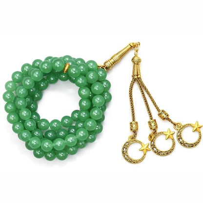 Amazing Gemstone Crystal Tasbeeh with Moon and Star Charm - Certified Crystal Muslim Prayer Beads Natural Gemstone Tasbih Gift for Ramadan Dhikr and Daily Namaz (G) - color: Green Aventurine