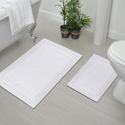 Bedding Craft 100% Cotton Bath Mat - Soft Hotel-Style Rectangular Bathroom Floor Rug - Plush, Water Absorbent Cloth Bathmat for Outside Bathtub/Shower, Machine Washable Cotton Bath Rug 21x34 White