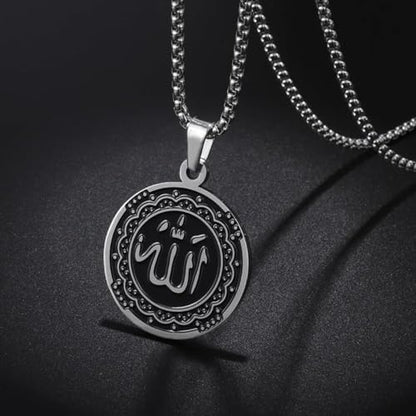 Islamic Allah Religious Amulet Stainless Steel Pendant Necklace Muslim Arabic Protection Jewelry Gift for Men Women - color: silvery