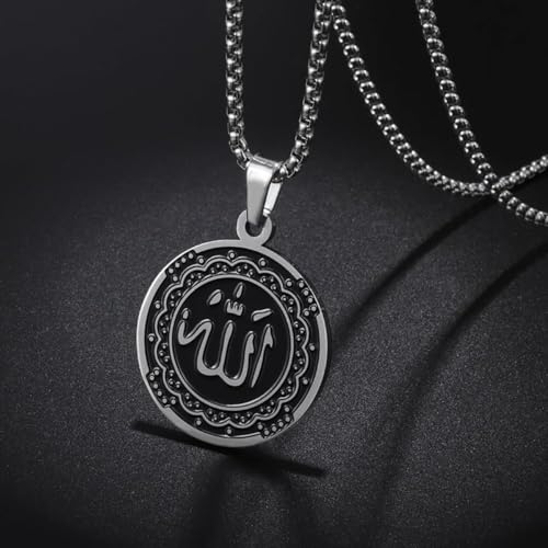 Islamic Allah Religious Amulet Stainless Steel Pendant Necklace Muslim Arabic Protection Jewelry Gift for Men Women - color: silvery