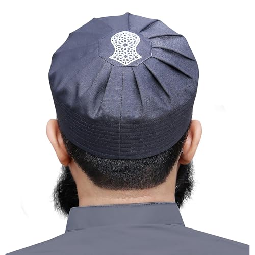 Men's Premium Islamic Embroidered Sandal Soft Kufi Skull Cap Hat Topi Takke for Muslim Men Turban - color: Navy, size: Medium