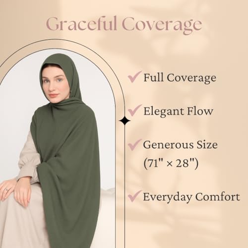 Premium Breathable Modal Cotton Hijab for Women, Lightweight, Non-Slip, Soft & Elegant Scarf for Everyday Wear - color: Olive Green