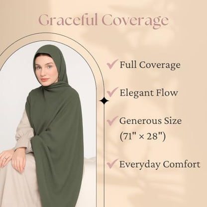Premium Breathable Modal Cotton Hijab for Women, Lightweight, Non-Slip, Soft & Elegant Scarf for Everyday Wear - color: Olive Green
