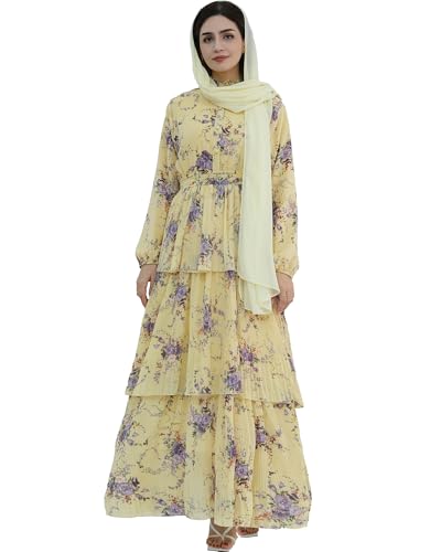 Breathable Modest Prayer Dresses Long Sleeve Layered Maxi Dress with Belt European Floral Print Women Muslim Abaya - color: Yellow Dress & Scarf, size: L(56)