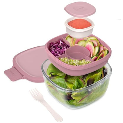 Bentgo Glass Salad Container - 7.6-Cup Salad Bowl with Airtight Lid, Leak-Proof Sauce Container, 4-Compartment Bento Tray & Reusable Fork - BPA-Free for Meal Prep, Office & More (Rose) - color: Rose