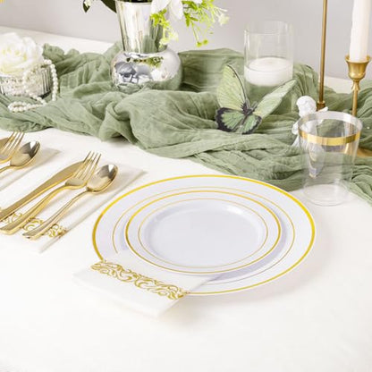 Supernal 200pcs Gold Plastic Dinnerware included 25 Party Dinner Plates 25 Dessert Plates 25 Disposable Cups and 25 Paper Napkins Disposable 25 Spoons 25 Knives 50 Forks for Party and Wedding - color: 200pcs White and Gold Plastic Dinnerware