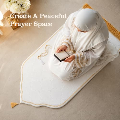 Prayer Rug Muslim Prayer Mat Islamic - Thick Prayer Rug Sajadah for Men Women with Islam Prayer Beads, Soft and Luxury (25.6" x 43.3", White) - color: White