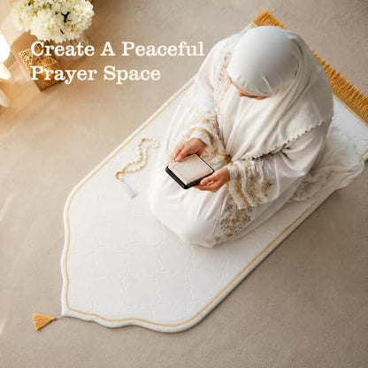 Prayer Rug Muslim Prayer Mat Islamic - Thick Prayer Rug Sajadah for Men Women with Islam Prayer Beads, Soft and Luxury (25.6" x 43.3", White) - color: White