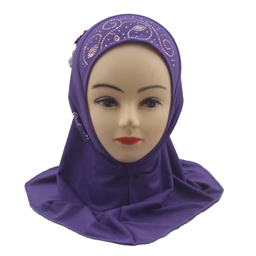 Instant Hijab for Kids Girls Hijabs Muslim Islamic Head Scarf with Rhinestone and Flowers - color: Dark Purple