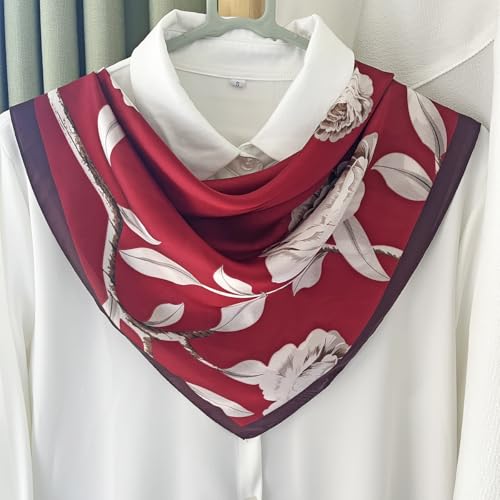 FONYVE Silk Feeling Scarf Medium Square Satin Head Scarf for Women 27.5 × 27.5 inches - color: 03 Red Flowers