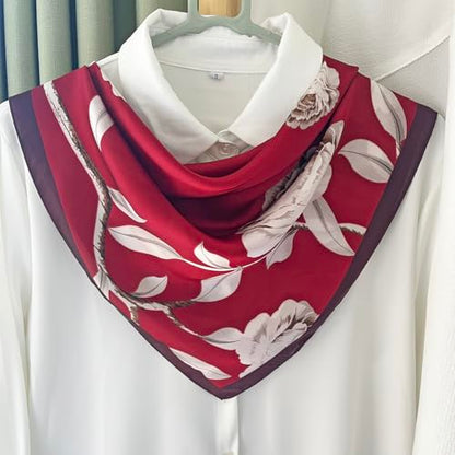 FONYVE Silk Feeling Scarf Medium Square Satin Head Scarf for Women 27.5 × 27.5 inches - color: 03 Red Flowers