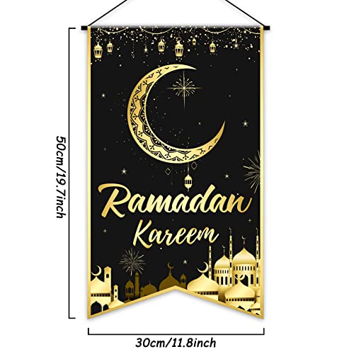 Tevxj Ramadan Mubarak Hanging Door Sign Ramadan Kareem Party Decorations Decorative Black Gold Moon Lantern Hanging Sign Banner for Ramadan Eid Mubarak Home Decor Ramadan Eid Party Supplies Favor - style: Ramadan Kareem