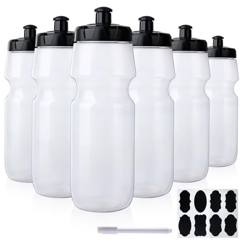 6 Pack 25 oz Sports Water Bottles Sports and Fitness Squeeze Water Bottles BPA Free come with 8 pcs Chalk Labels, 1 Pen(Dishwasher Safe) - size: 25oz 6pack(Clear)