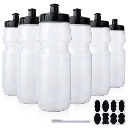 6 Pack 25 oz Sports Water Bottles Sports and Fitness Squeeze Water Bottles BPA Free come with 8 pcs Chalk Labels, 1 Pen(Dishwasher Safe) - size: 25oz 6pack(Clear)