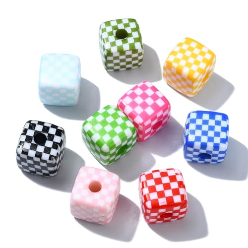 LiQunSweet 50 Pcs Colorful Acrylic Beads 13mm Cube with Tartan Pattern Beads for Pen Making Bracelet Necklace Earring Keychain Jewelry Making - color: Cube with Tartan Pattern Beads_50 Pcs