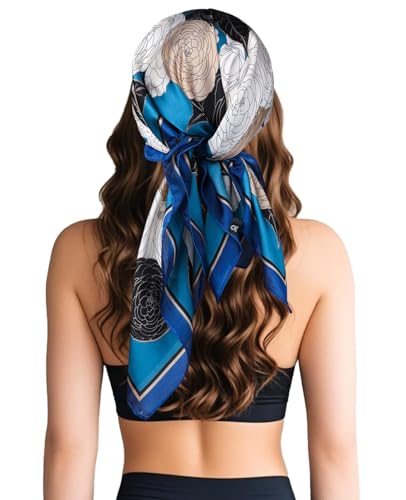 Sumolux Head Hair Scarf for Women Like Satin Silk Scarf Bandana Hair Wrapping Night Large Square Scarves 27.5" - color: Blue Beautiful Flowers