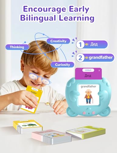 Russian and English Talking Flash Cards for Kids, 510 Sight Words Bilingual Toys for Toddlers, Autism Pocket Speech Therapy Toys, Russian Language Learning Audible Flashcards - size: 510-Russian&English(blue)