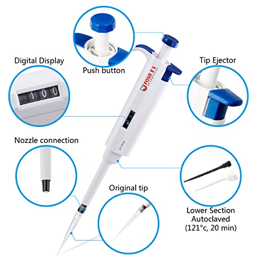 FOUR E'S SCIENTIFIC 20-200μL Pipette, Adjustable Volume Micropipette | Single-Channel Pipettor, Ergonomic Design, Precise Volume Dial - size: 06 (20-200uL)