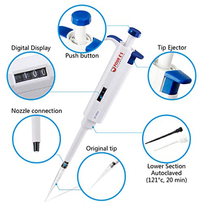 FOUR E'S SCIENTIFIC 20-200μL Pipette, Adjustable Volume Micropipette | Single-Channel Pipettor, Ergonomic Design, Precise Volume Dial - size: 06 (20-200uL)