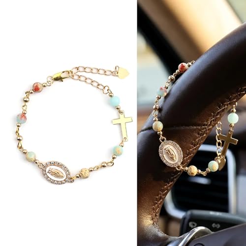 Cross Steering Wheel Charm, Catholic Car Rosary, Christian Car Accessories Rearview Mirror Hanging, Virgin Mary Crucifix Pendant Car Decor for Women Men (Gold) - color: Gold
