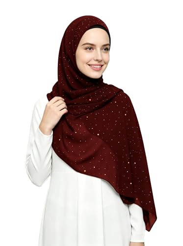 Lina & Lily Sparkle Shimmer Gold Glitter Women's Chiffon Hijab Head Scarf Shawl Wrap Lightweight - color: Dark Maroon
