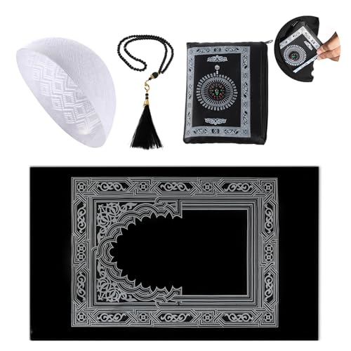 Kufi Hats for Men with Portable Travel Prayer Mat Islam and Tasbih Prayer Beads Set,Islamic Gift,Muslim Gifts,Eid Mubarak Gifts,Ramadan Gifts,Muslim Prayer Rug,Muslim Cap,Muslim Prayer Beads Set