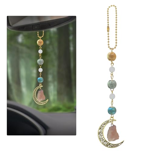 Boho Moon Hanging Car Charm, Crystal Rearview Mirror Pendant, Car Decor for Women, Cute Ceramic Accessory