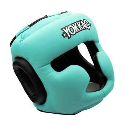 YOKKAO Premium Head Guard | Handmade Genuine Leather Headgear | Ideal for Muay Thai, Boxing, Kickboxing Sparring, Hard Training & Professional Competitions - color: Tiffany/Black Training, size: Medium