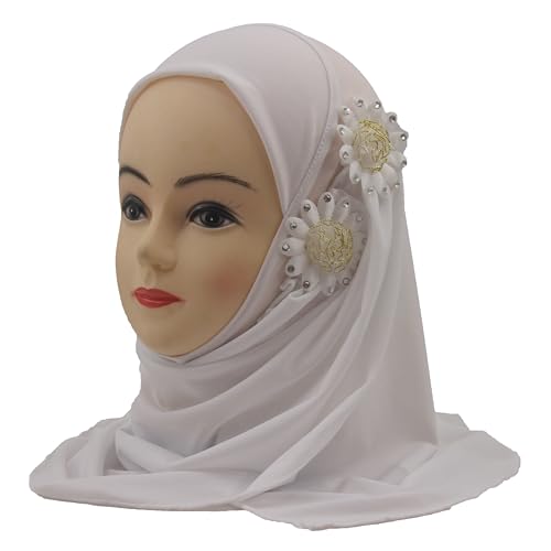 Soft Instant Hijab for Kids Girls Muslim Headscarf Islamic Scarf Shawl Wrap with Flowers - color: White-2 Flowers