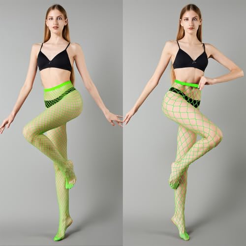 MengPa Women's Fishnets Tights High Waist Stockings Party Thigh High Pantyhose - color: 2pcs-neon Green