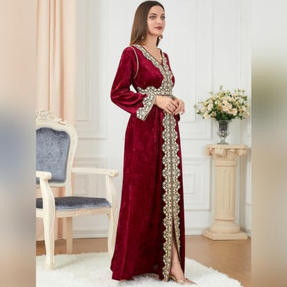 IDOPIP Muslim Women Velvet Dress Embroidery Abayas Long Sleeve V-Neck Moroccan Maxi Kaftan Dubai Robe Arabic Islamic Clothing - color: Wine Red, size: Large