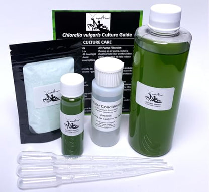 Complete Green Water (Chlorella vulgaris) Culture and Expansion Kit: One 8 oz Working Container, One 1 oz Backup Container, Harvesting Tools, and Tap Water Conditioner - Live phytoplankton