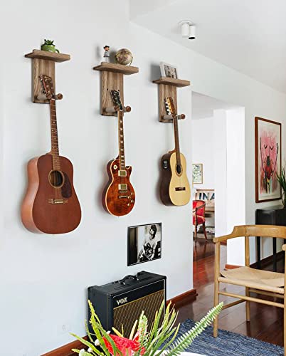 Keebofly 3-Pack Guitar Wall Mount Hangers - Rustic Wood Brown Guitar Stand with Pick Holder - Acoustic, Electric, Ukulele, Bass & Mandolin [Patented] - color: 3 Pack_Rustic Brown