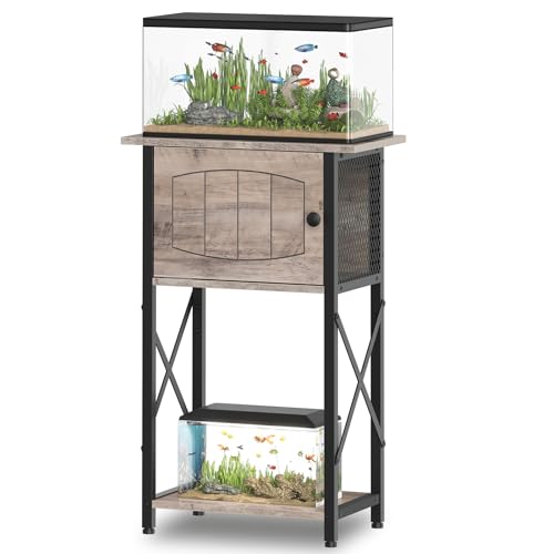 HOOBRO 10 Gallon Aquarium Stand, Fish Tank Stand with Cabinet Storage, Reptile Turtle Tank Stand with Metal Frame, 20.5" L x 11" W , 220 LBS Capacity, Greige BG28FT01 - color: Greige + Black