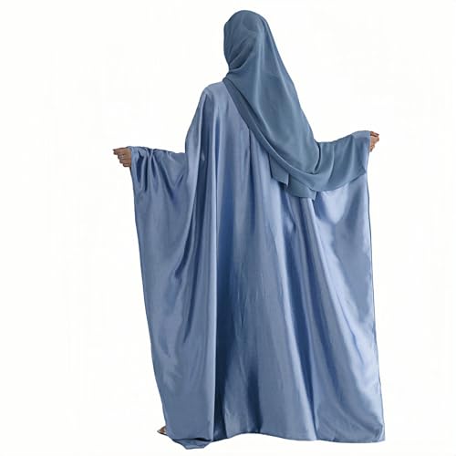 Abaya Muslim Women Dress Satin Batwing Sleeve Kaftan Maxi Arabian Dubai Islamic Ramadan Prayer Dress with Hijab Scarf - color: Blue