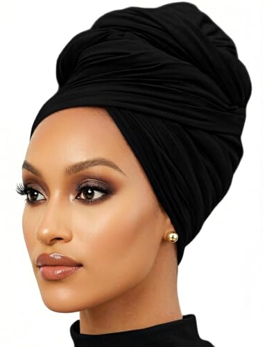 Nonbongoy Head Wraps for Black Women Stretch Headwraps Large Hair Wraps Hijab Scarves for Muslim Head Scarf Turban Headbands - color: 1-black Headwrap