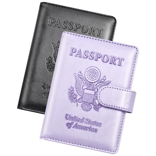 Herain Passport Holder for Travel Essentials, 2 Pcs Passport Cover Wallet Case Travel Gifts Women Men Family, RFID Passports Book Card Holders Travels Cruise Accessories Must Haves - color: B-Black + Light Purple, style: Upgraded