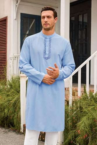 Runcati Mens Kaftan Thobe Button Down Casual Henley Shirts Long Sleeve Robe Cotton Linen Muslim Gown Shirt - color: Sky Blue, size: Small