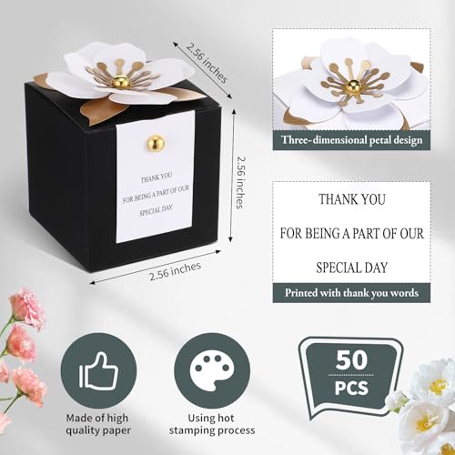 Affrolling 50 Pcs Wedding Favor Boxes with Thanks Card Square Flower Candy Boxes Paper Bridal Gift Box for Guests Wedding Bridal Shower Birthday Party Anniversary(Black) - color: Black