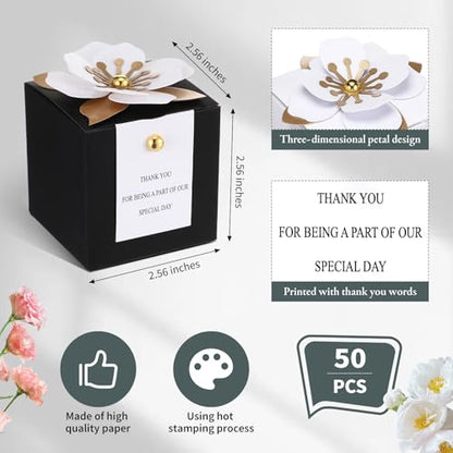 Affrolling 50 Pcs Wedding Favor Boxes with Thanks Card Square Flower Candy Boxes Paper Bridal Gift Box for Guests Wedding Bridal Shower Birthday Party Anniversary(Black) - color: Black