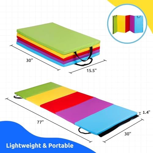 ZENY Folding Gymnastics Mat, 5-Panel Gym Mat Tumbling Mat with Carry Handles for Home Workouts, Yoga and Play, 77''x30''x1.4''