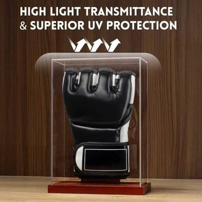 MMA Glove Display Case - No Assembly - Clear Acrylic Showcase with Wood Base, UV Protection Souvenirs and Collectibles Box (MMA Single Glover Holder, Rectangle)