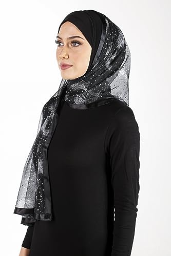 Stylish Mona Hijab Women's Black Kuwaiti with Chiffon Wrap Shawl & Satin Trim - color: Black With Silver Feathers