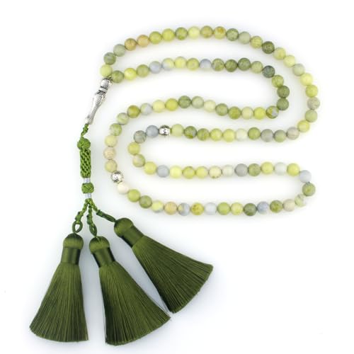 Muslims Islamic 99 Dhikr Tasbeeh Tasbih Prayer Beads, Green Jade Stone Beads with Tassel