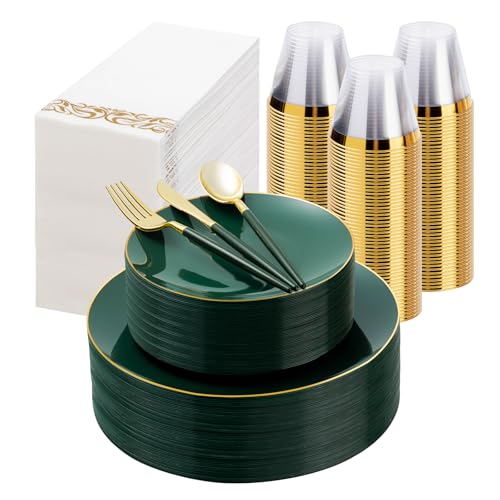 Bestluck 350 Pcs Green Gold Plastic Plates,Disposable Dinnerware Set - color: Green, size: 50 Guests