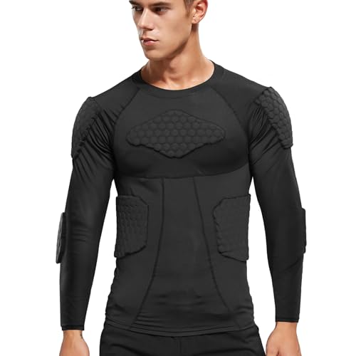Zicac Men's Sports Shock Rash Guard Compression Padded Shirt Soccer Basketball Protective Gear Chest Rib Guards - color: Black Long Sleeve, size: X-Large