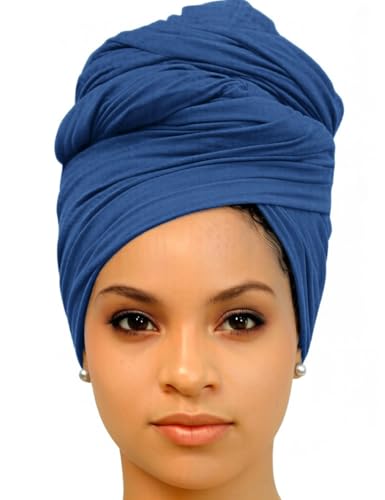 Harewom Head Wraps for Black Women Stretch Head Scarf Long African Hair Wraps Turban Headwraps Jersey Headbands - color: 1pcs -Steel Blue