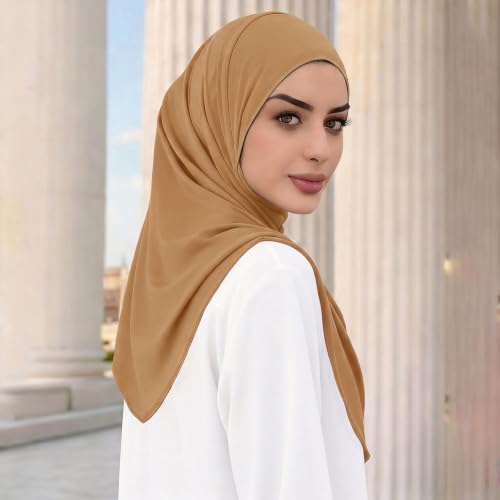 Instant Hijab Ready To Wear Hijab Scarf for Women Soft Long Muslim Jersey Hijabs Head Scarf for Prayer Abaya - color: Camel