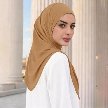 Instant Hijab Ready To Wear Hijab Scarf for Women Soft Long Muslim Jersey Hijabs Head Scarf for Prayer Abaya - color: Camel